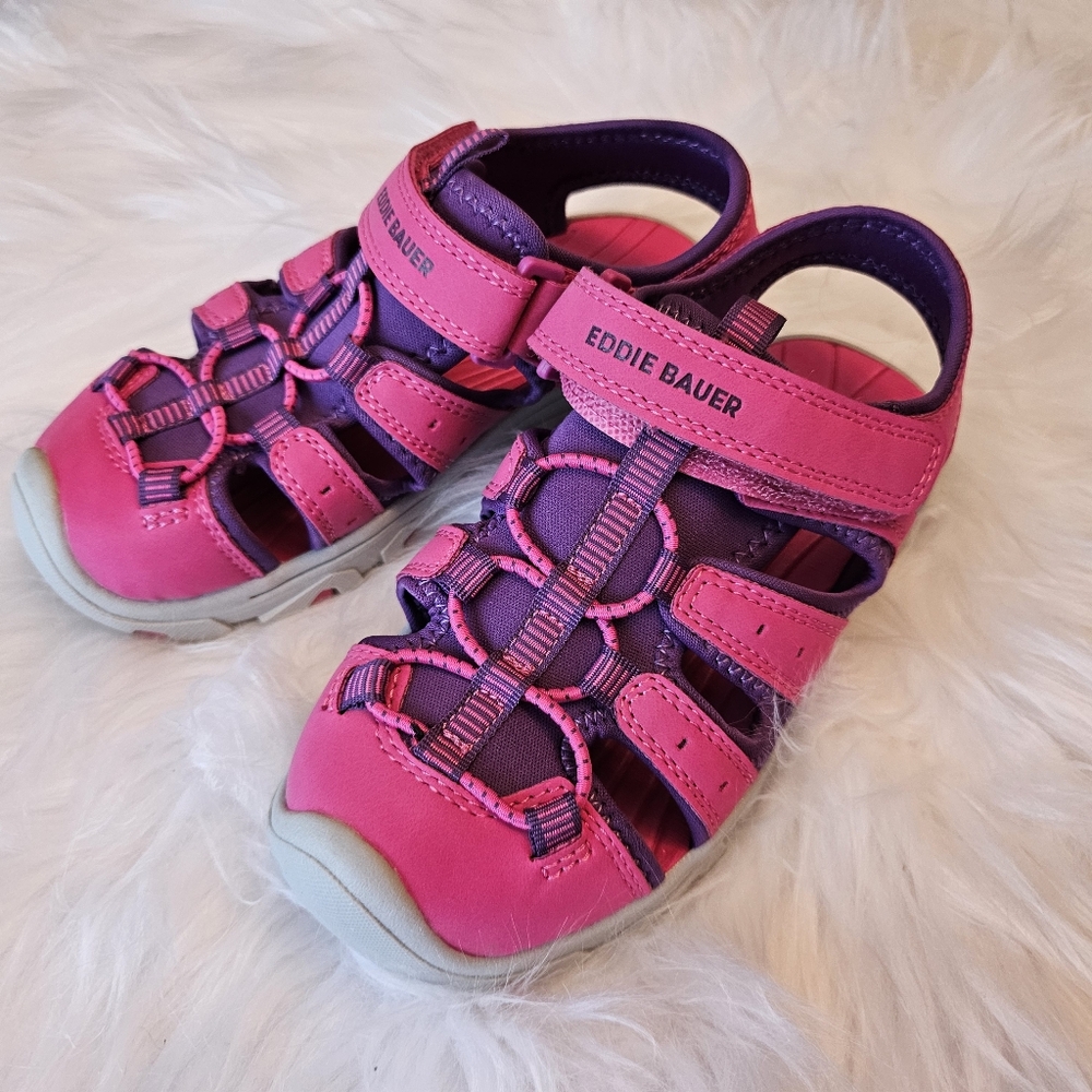 NWOT Size 1 Pink and Purple Eddie Bauer Kids Bump Toe Sandal with Velcro